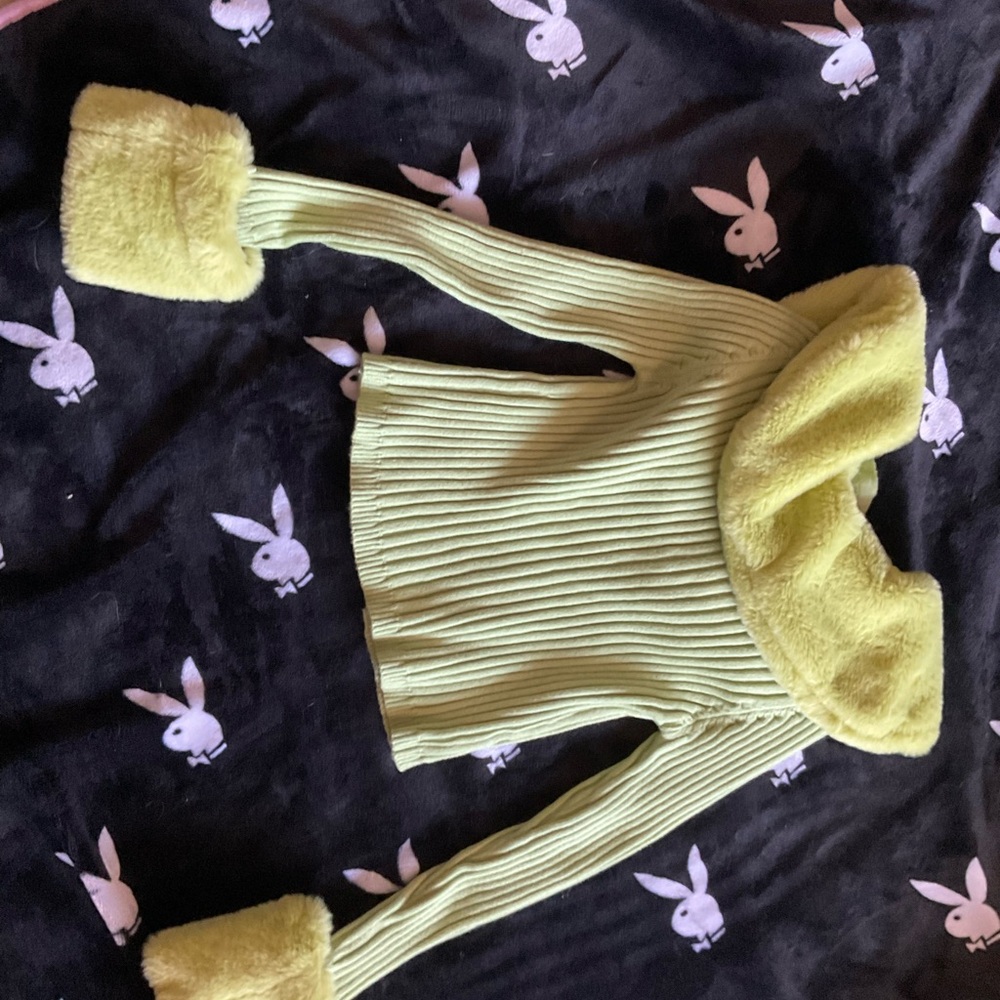 Lime Green Ribbed Sweater with Faux Fur Accents